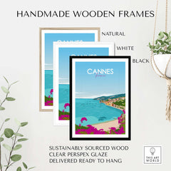 Handmade wooden frames for Cannes Poster, available in natural, white, and black finishes, sustainably sourced and ready to hang.