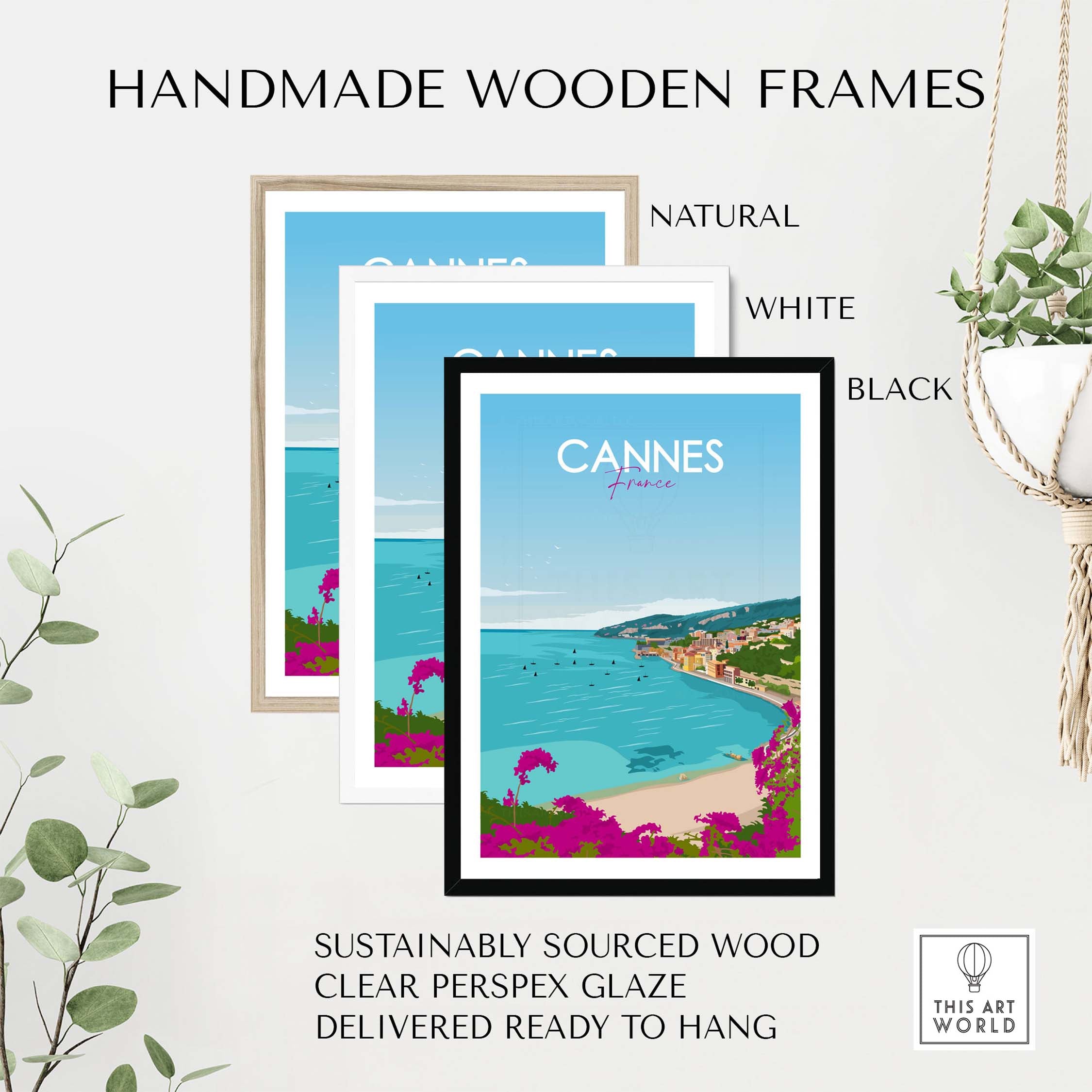 Handmade wooden frames for Cannes Poster, available in natural, white, and black finishes, sustainably sourced and ready to hang.