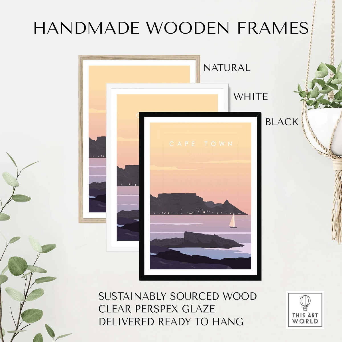 Handmade wooden frames for Cape Town wall art poster in natural, white, and black finishes, ready to hang.