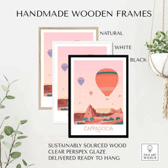 Handmade wooden frames in natural, white, and black for Cappadocia travel print, ready to hang and sustainably sourced.