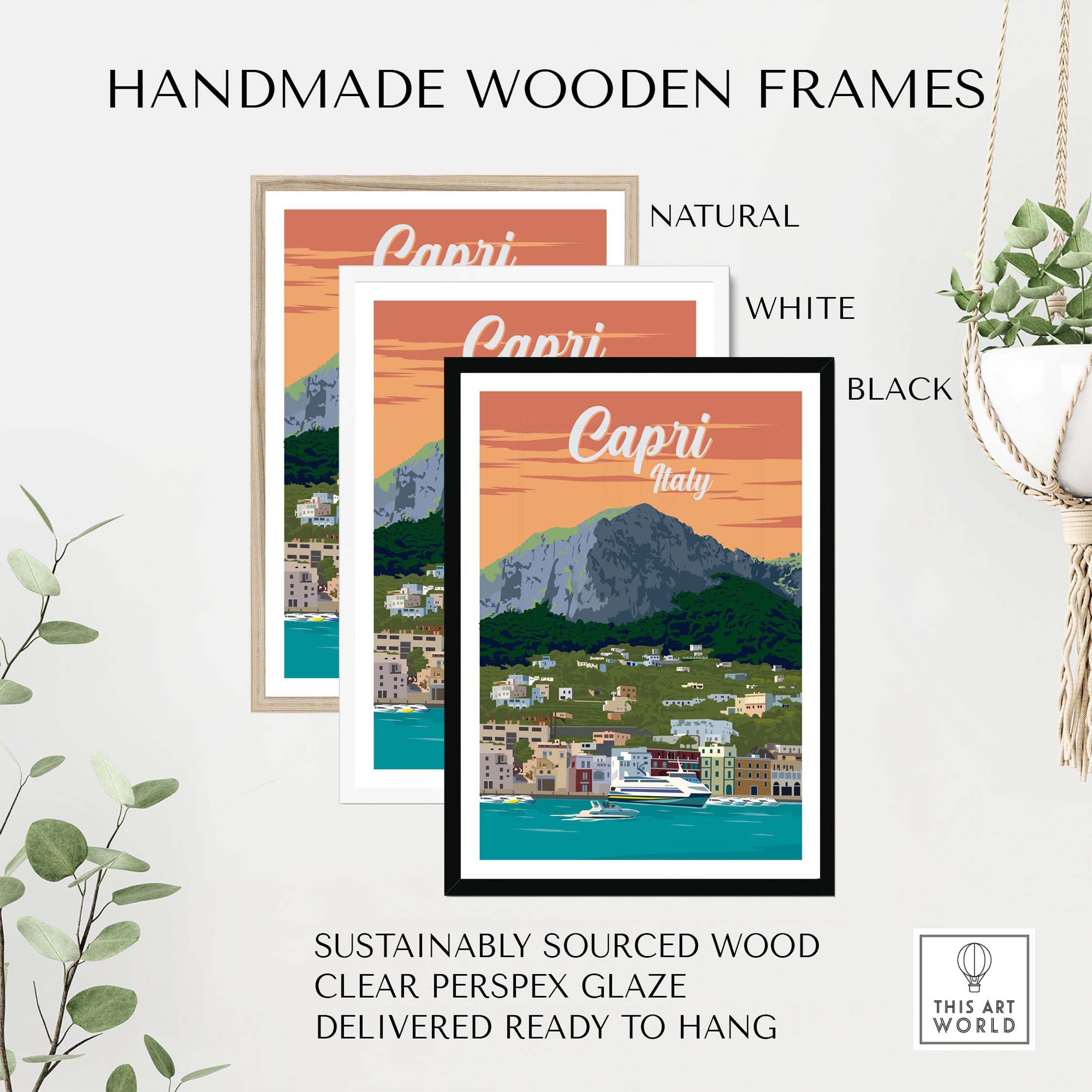 Handmade wooden frames for Capri Italy poster print wall art in natural, white, and black finishes.