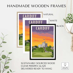 Handmade wooden frames for Cardiff Poster in natural, white, and black finishes; sustainably sourced, ready to hang.