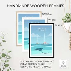 Cayman Islands Poster Print displayed in handmade wooden frames in natural, white, and black finishes.
