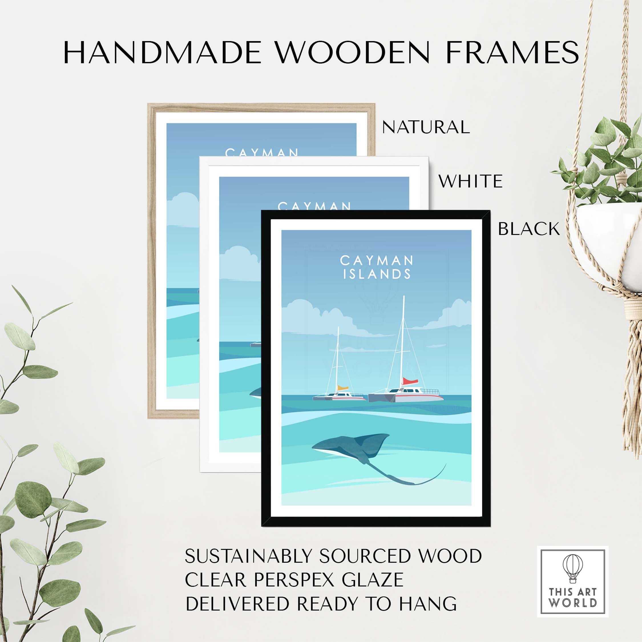 Cayman Islands Poster Print displayed in handmade wooden frames in natural, white, and black finishes.