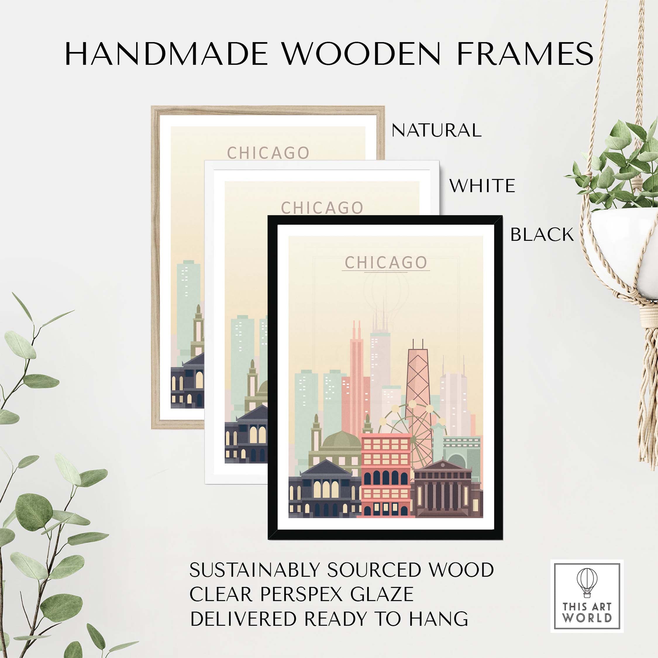 Handmade wooden frames for Chicago Skyline Wall Art, available in natural, white, and black finishes, sustainably sourced wood.