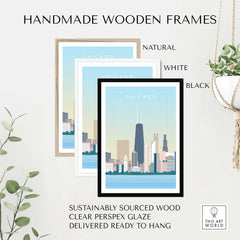 Handmade wooden frames in natural, white, and black for Chicago Print Wall Art, made from sustainably sourced wood.