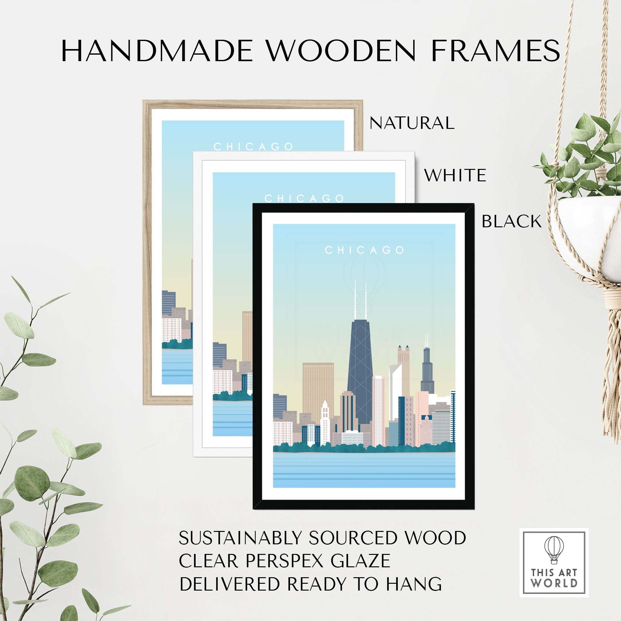 Handmade wooden frames in natural, white, and black for Chicago Print Wall Art, made from sustainably sourced wood.