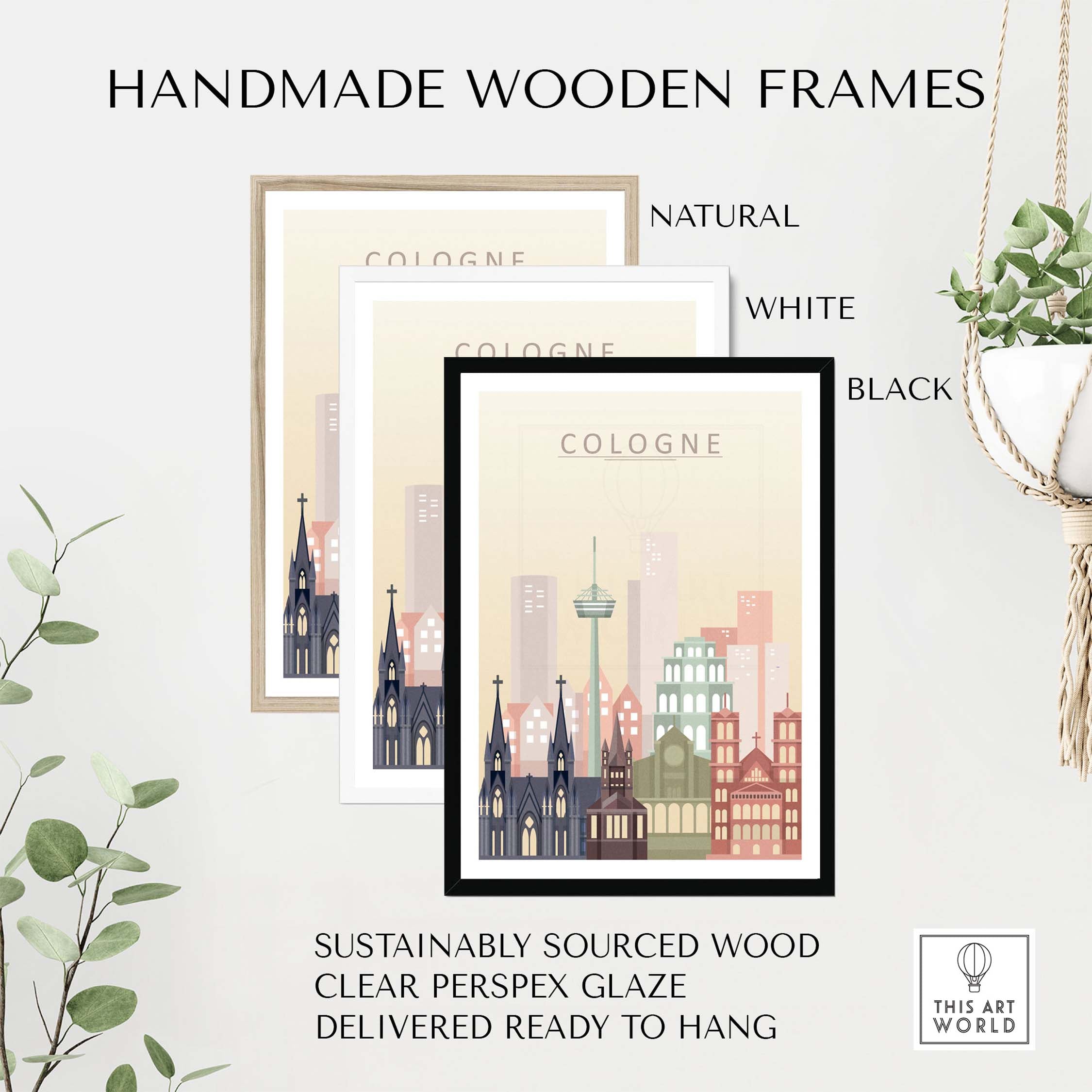 Handmade wooden frames in natural, white, and black for Cologne Skyline print, featuring sustainable wood and ready to hang design.