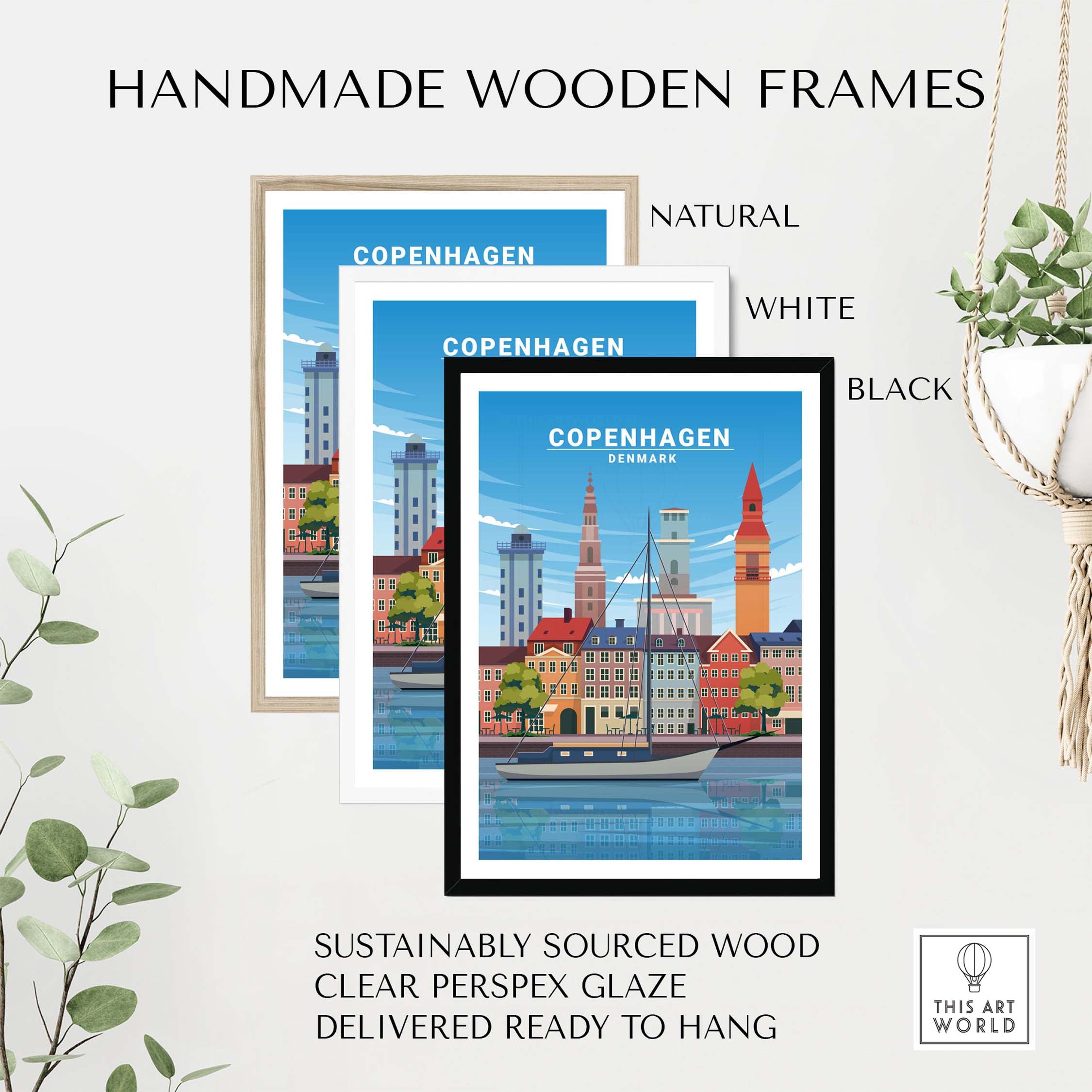 Handmade wooden frames for Copenhagen Print artwork, available in natural, white, and black options, sustainably sourced.