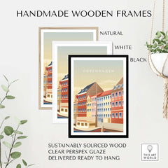 Handmade wooden frames in natural, white, and black for Copenhagen Wall Art Poster, featuring sustainably sourced wood.