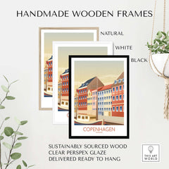 Handmade wooden frames in natural, white, and black for Copenhagen travel art prints, sustainably sourced and ready to hang.