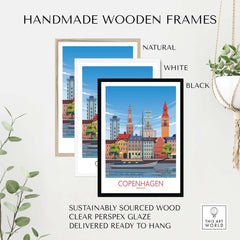 Handmade wooden frames for Copenhagen Wall Art Print in natural, white, and black finishes, featuring sustainably sourced wood.