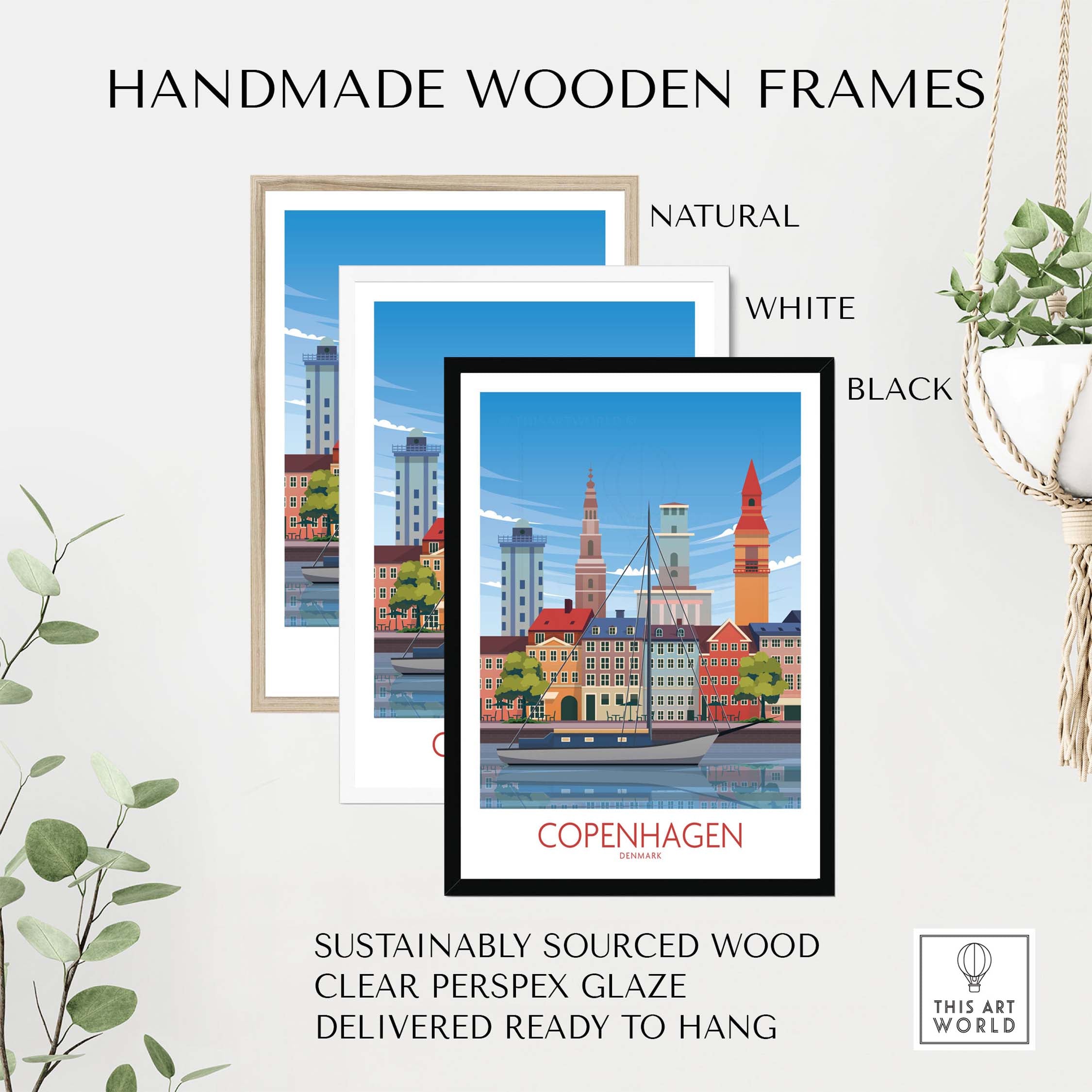 Handmade wooden frames for Copenhagen Wall Art Print in natural, white, and black finishes, featuring sustainably sourced wood.