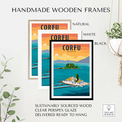 Corfu Print Greece Poster in natural, white, and black handmade wooden frames, ready to hang; sustainably sourced materials.