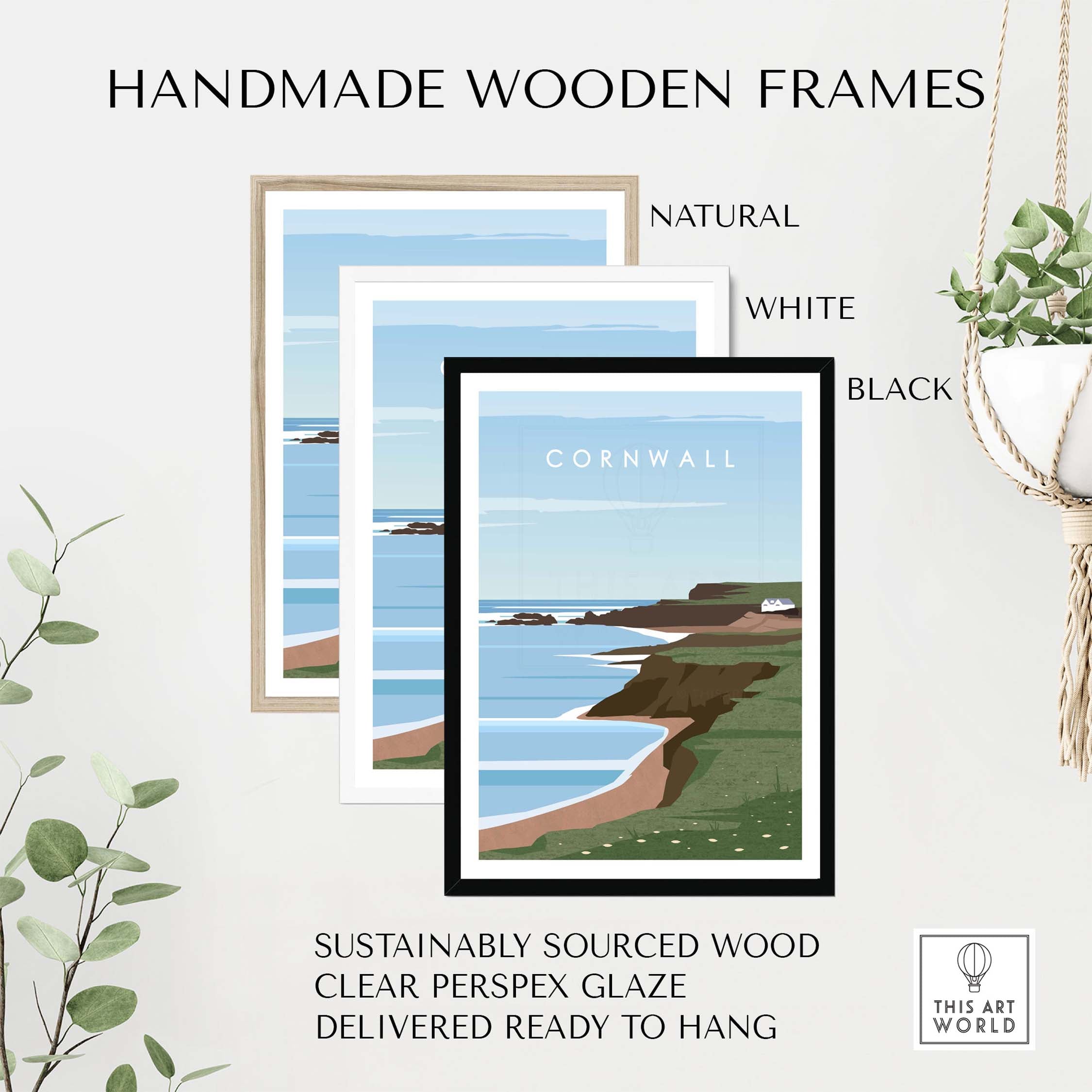 Handmade wooden frames in natural, white, and black for Cornwall wall art, made from sustainably sourced wood.