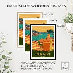 Handmade wooden frames in natural, white, and black for Costa Brava Print Spain, featuring sustainably sourced materials.