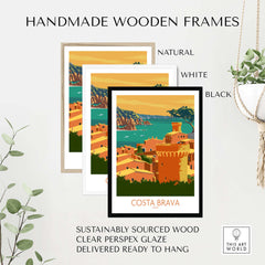 Handmade wooden frames for Costa Brava poster in natural, white, and black finishes, sustainably sourced and ready to hang.