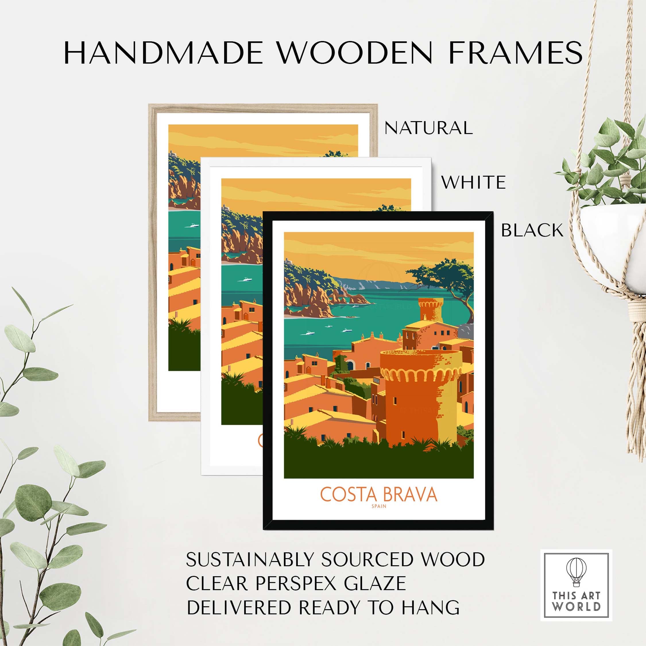 Handmade wooden frames for Costa Brava poster in natural, white, and black finishes, sustainably sourced and ready to hang.