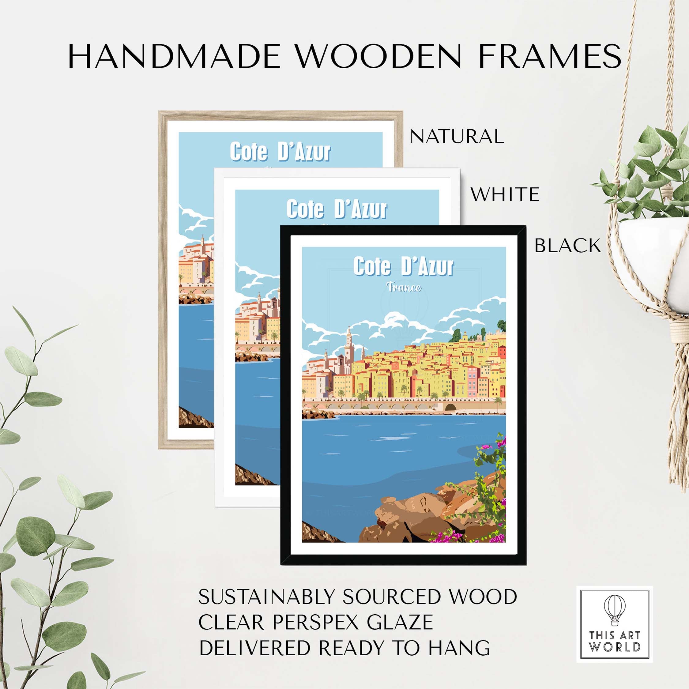Three handmade wooden frames in natural, white, and black around Cote d'Azur art print, sustainably sourced wood.