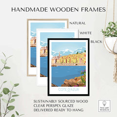 Cote d'Azur Print Poster with handmade wooden frames in natural, white, and black finishes.