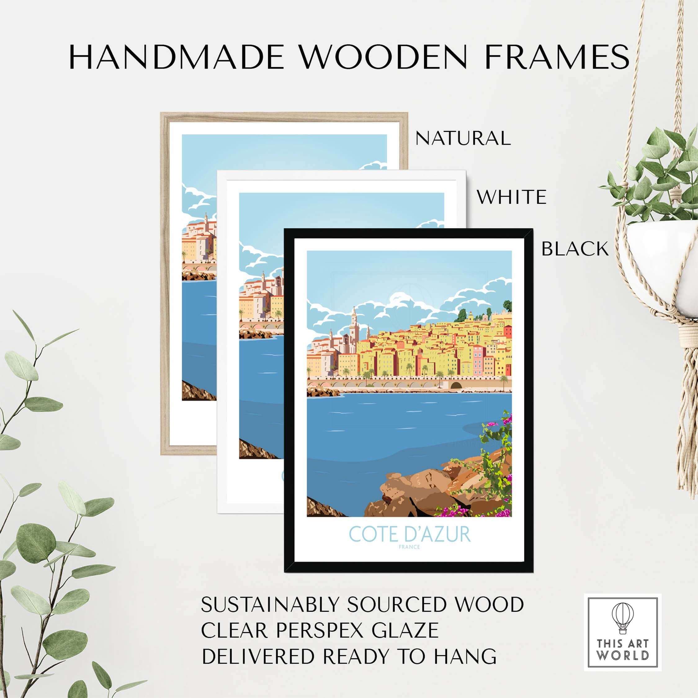 Cote d'Azur Print Poster with handmade wooden frames in natural, white, and black finishes.