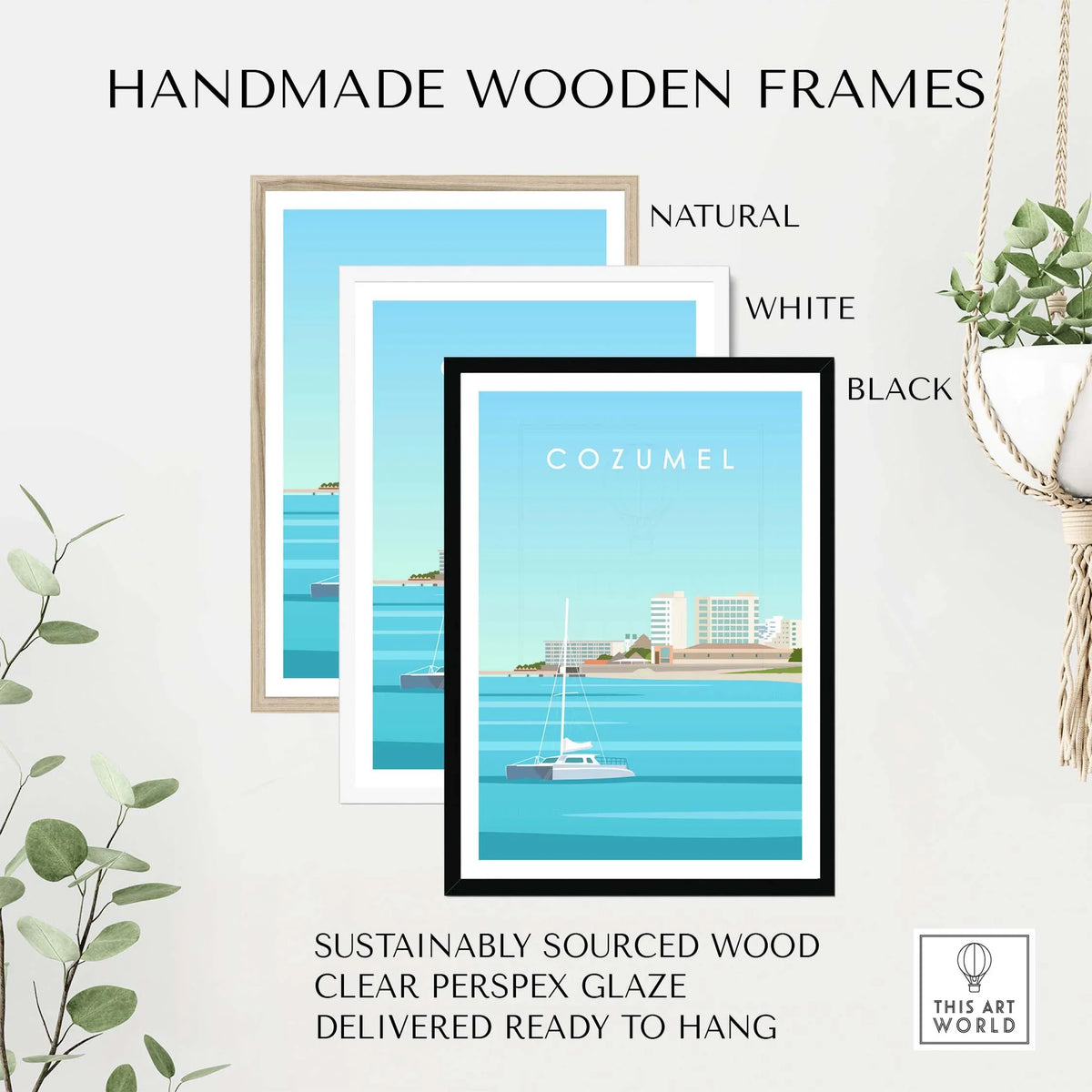 Handmade wooden frames for Cozumel Art Print in natural, white, and black finishes, sustainably sourced and ready to hang.