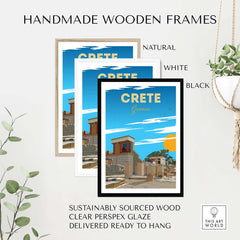 Handmade wooden frames for Crete Travel Poster Print in natural, white, and black, ready to hang and sustainably sourced.