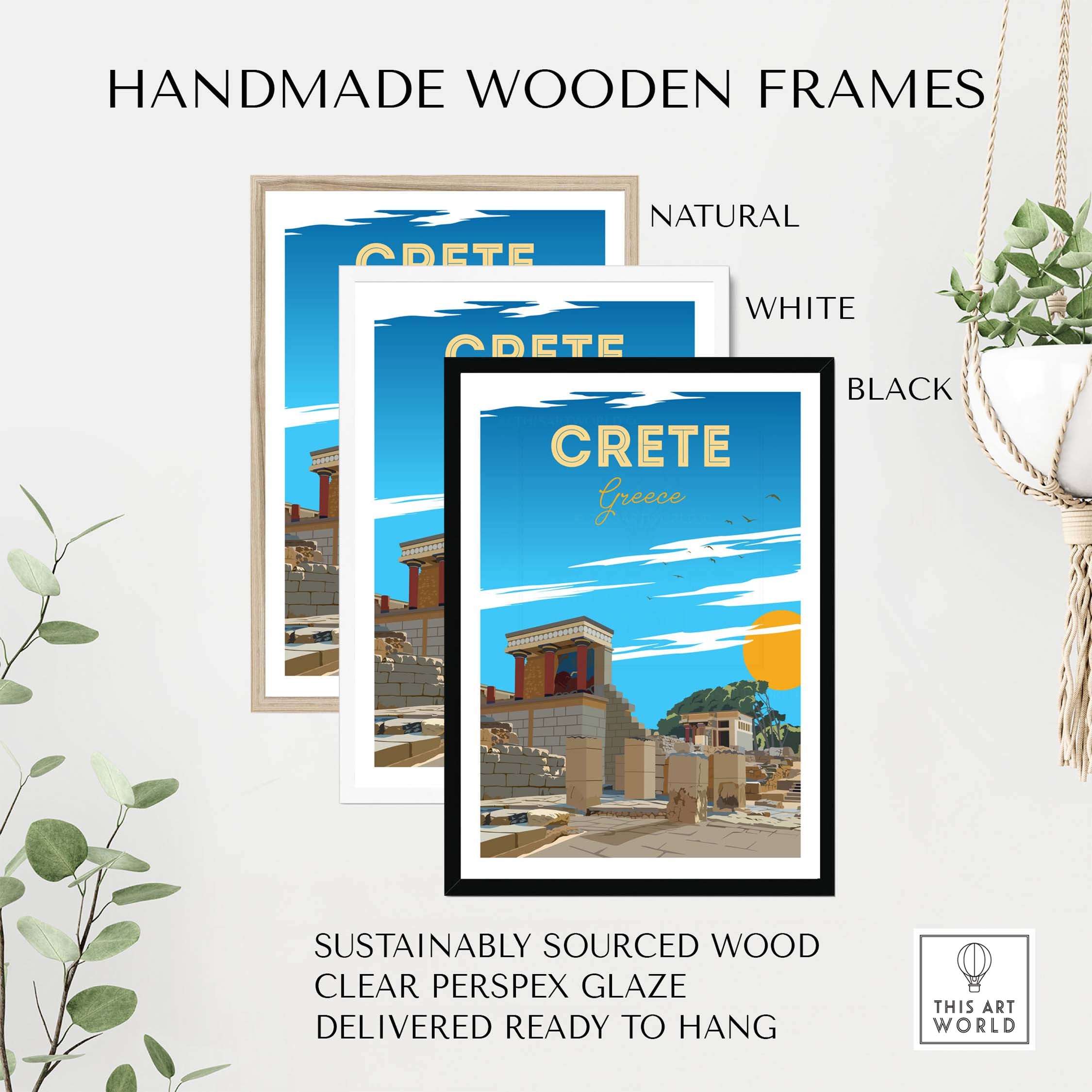 Handmade wooden frames for Crete Travel Poster Print in natural, white, and black, ready to hang and sustainably sourced.