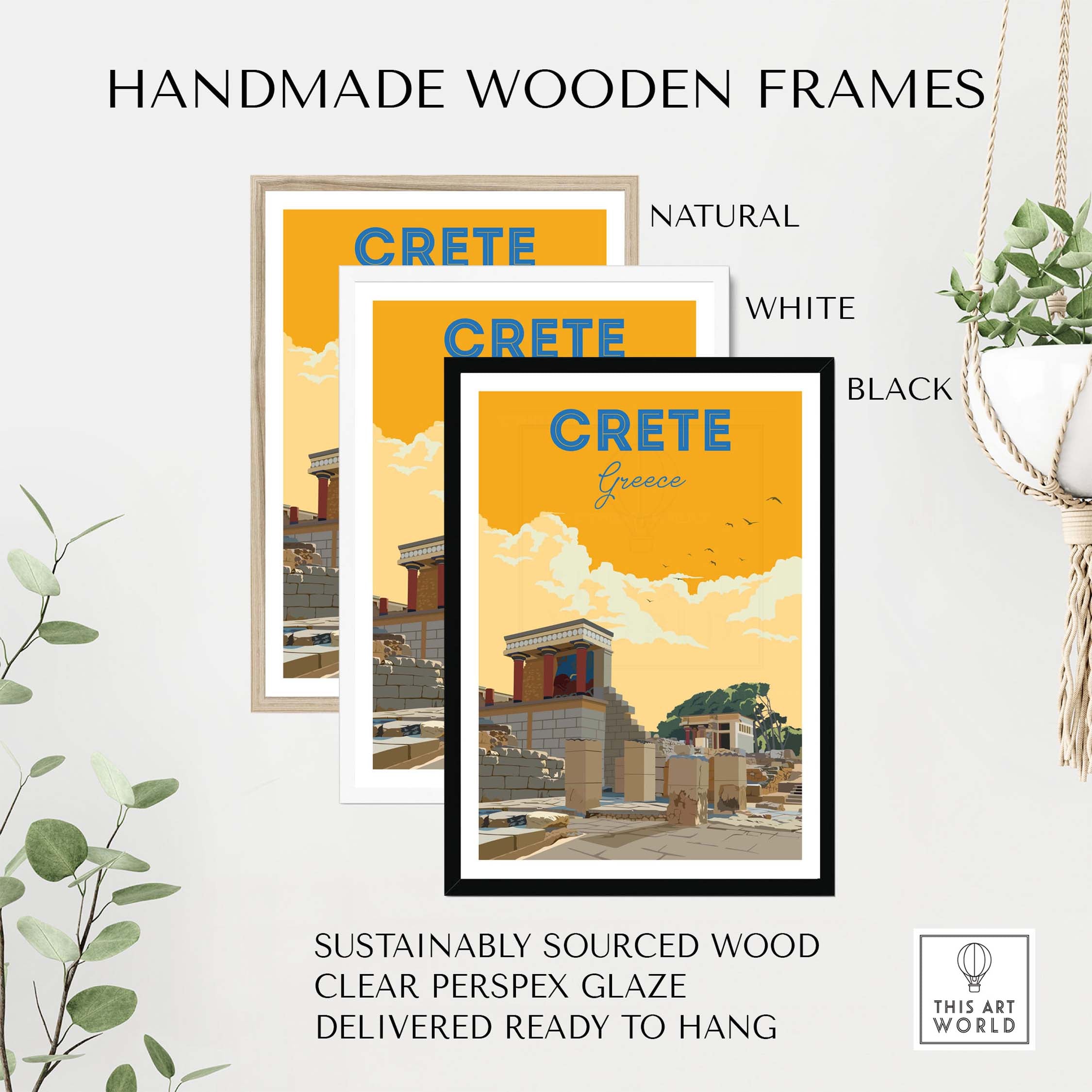 Crete Print Greece artwork displayed in natural, white, and black handmade wooden frames.