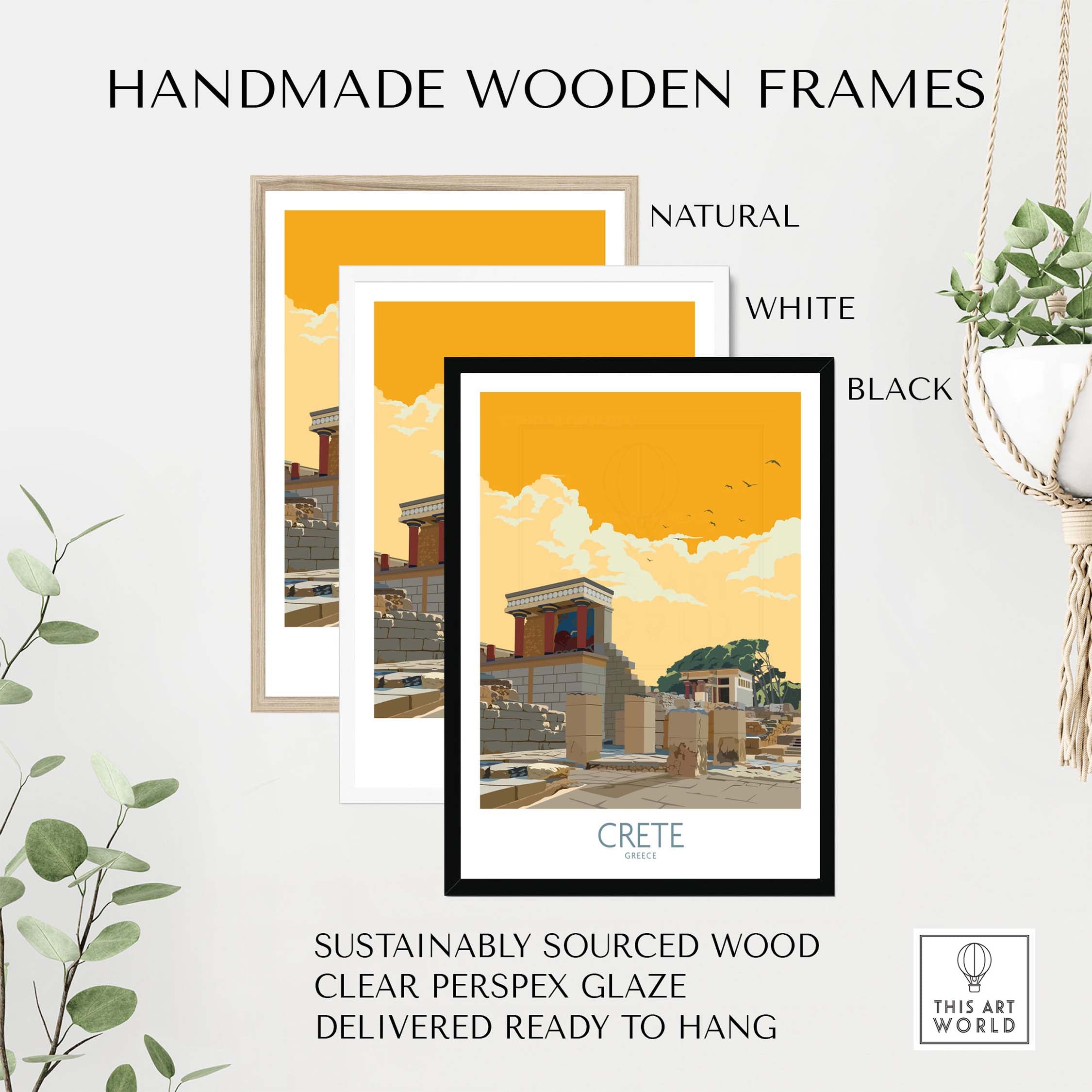 Handmade wooden frames in natural, white, and black for Crete Greece poster artwork.