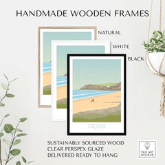Handmade wooden frames for Croyde Beach Print in natural, white, and black options, sustainably sourced and ready to hang.