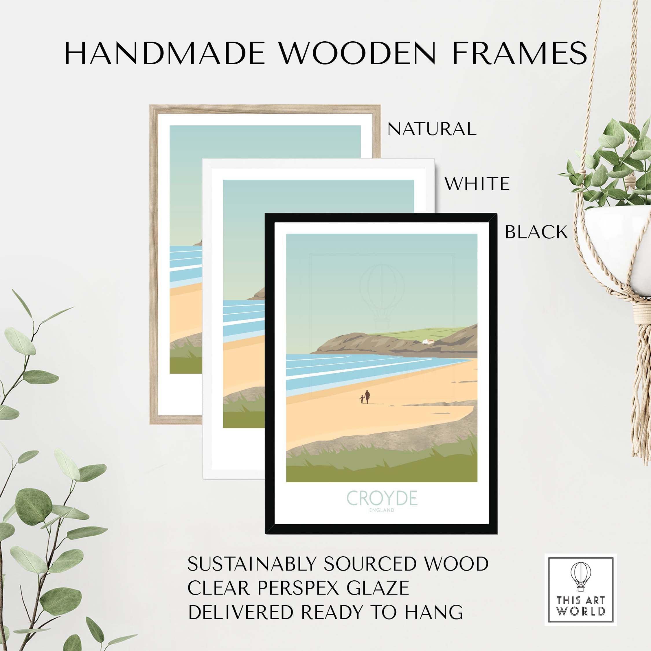 Handmade wooden frames for Croyde Beach Print in natural, white, and black options, sustainably sourced and ready to hang.