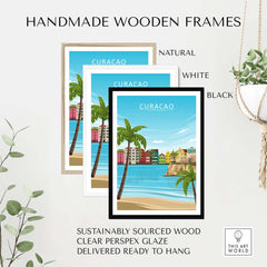 Handmade wooden frames in natural, white, and black for Curacao Poster Print, ready to hang with clear perspex glaze.