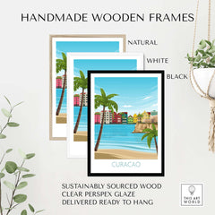 Curacao Wall Art Travel Poster with handmade frames in natural, white, and black options, featuring tropical beach scene.