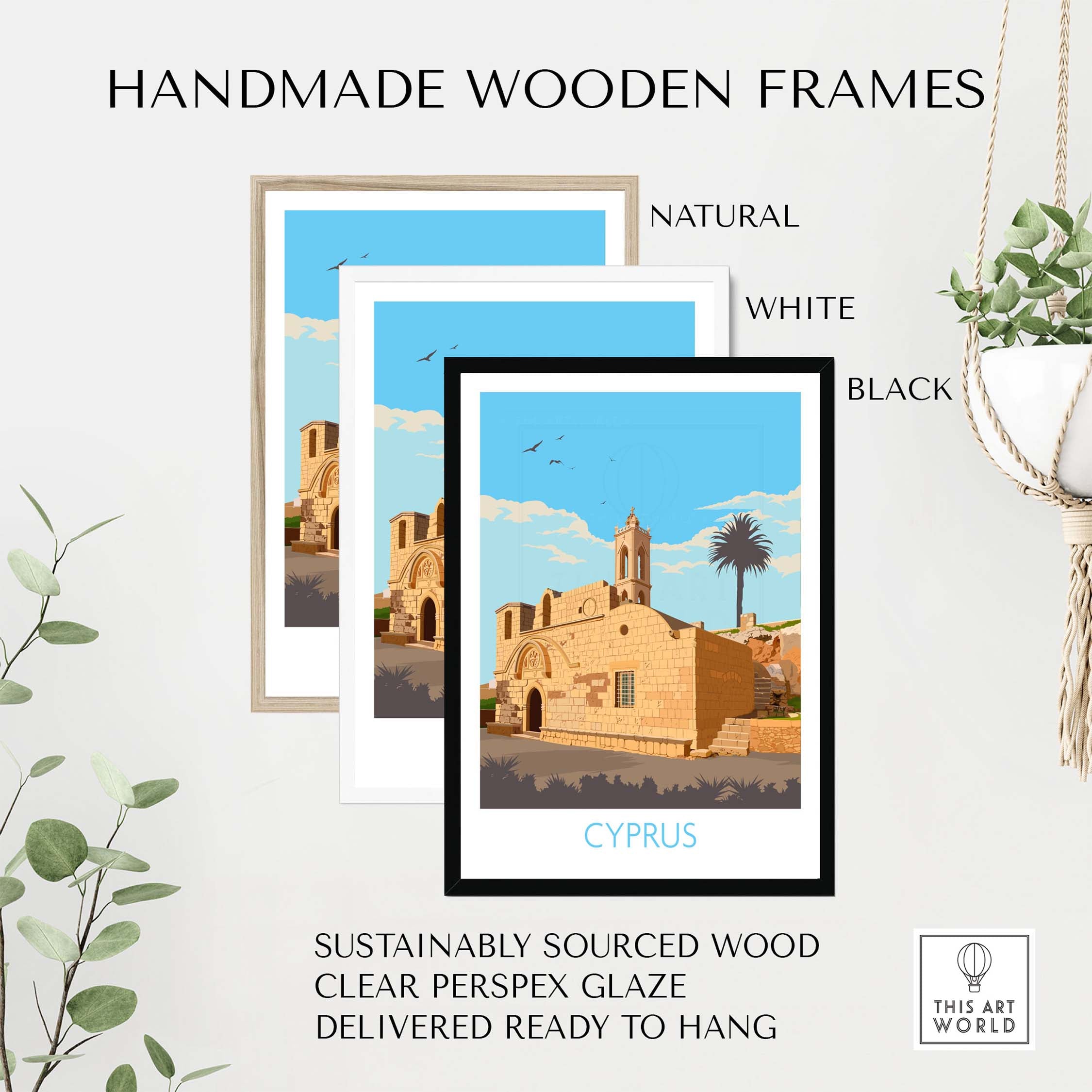 Handmade wooden frames in natural, white, and black for Cyprus poster print, showcasing sustainable materials and modern design.