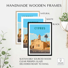 Handmade wooden frames for Cyprus Print artwork in natural, white, and black finishes, ready to hang.