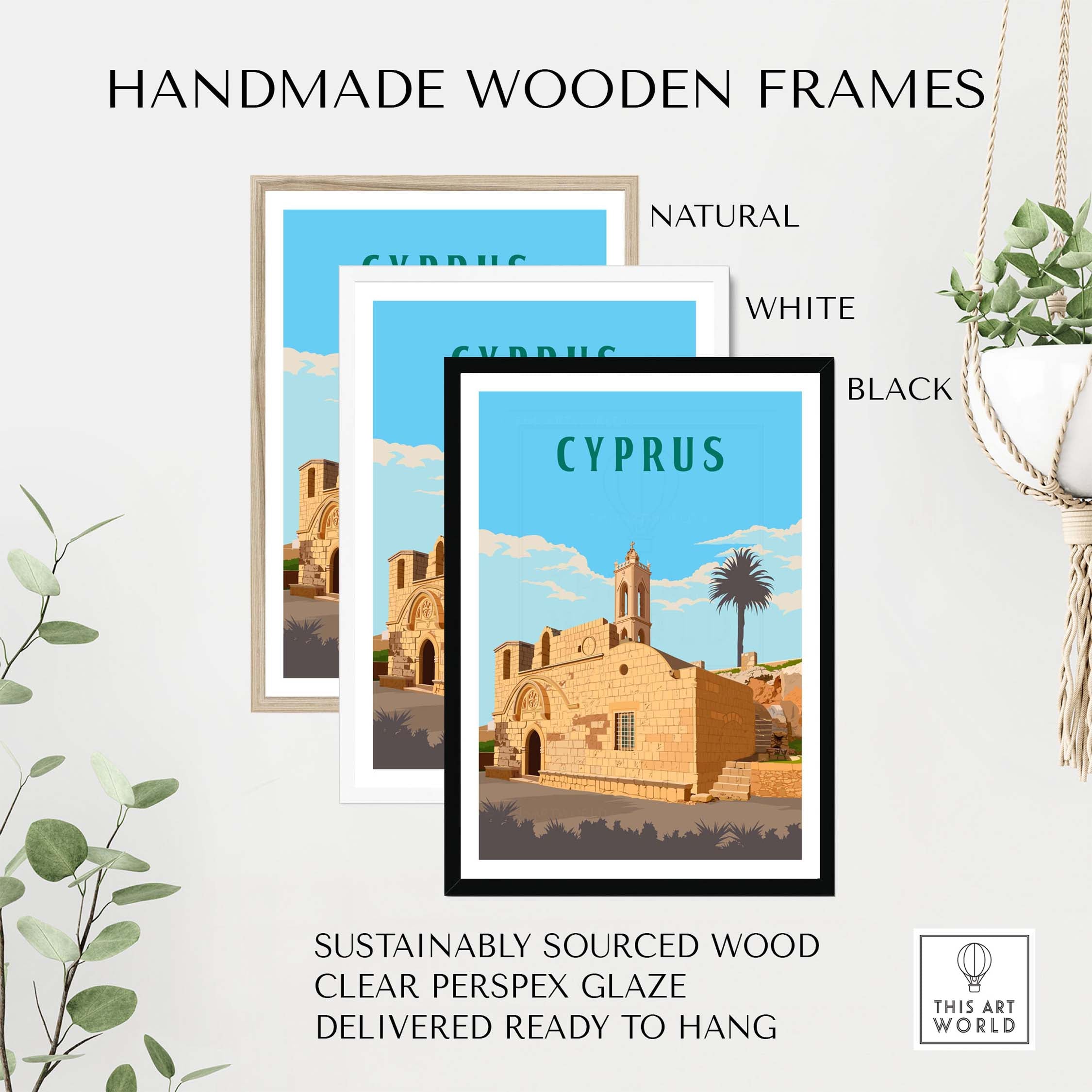 Handmade wooden frames for Cyprus Print artwork in natural, white, and black finishes, ready to hang.