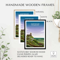 Handmade wooden frames in natural, white, and black for Dartmoor National Park poster, made from sustainably sourced wood.