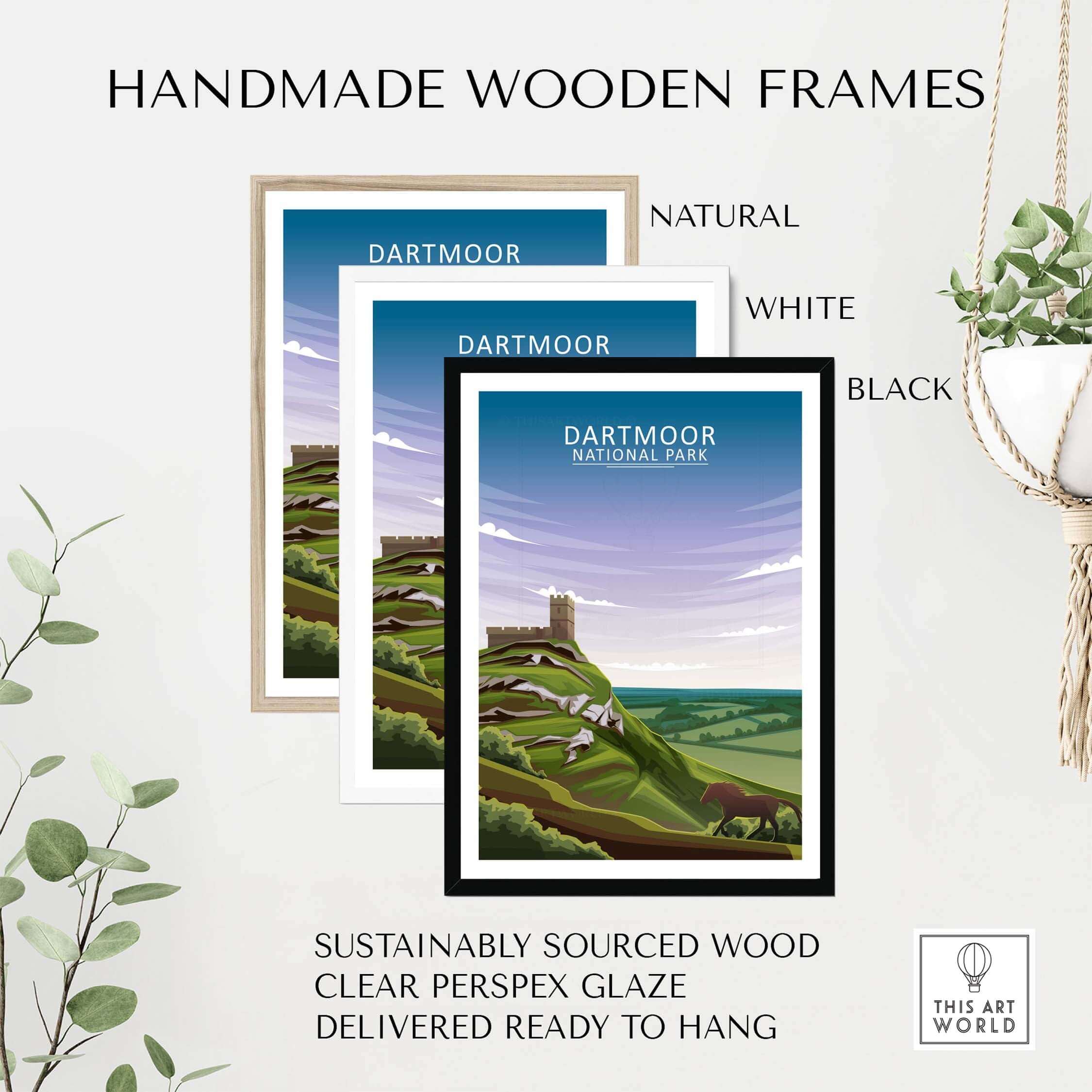 Handmade wooden frames in natural, white, and black for Dartmoor National Park poster, made from sustainably sourced wood.