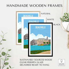 Handmade wooden frames in natural, white, and black for Deauville France poster print, sustainably sourced and ready to hang.