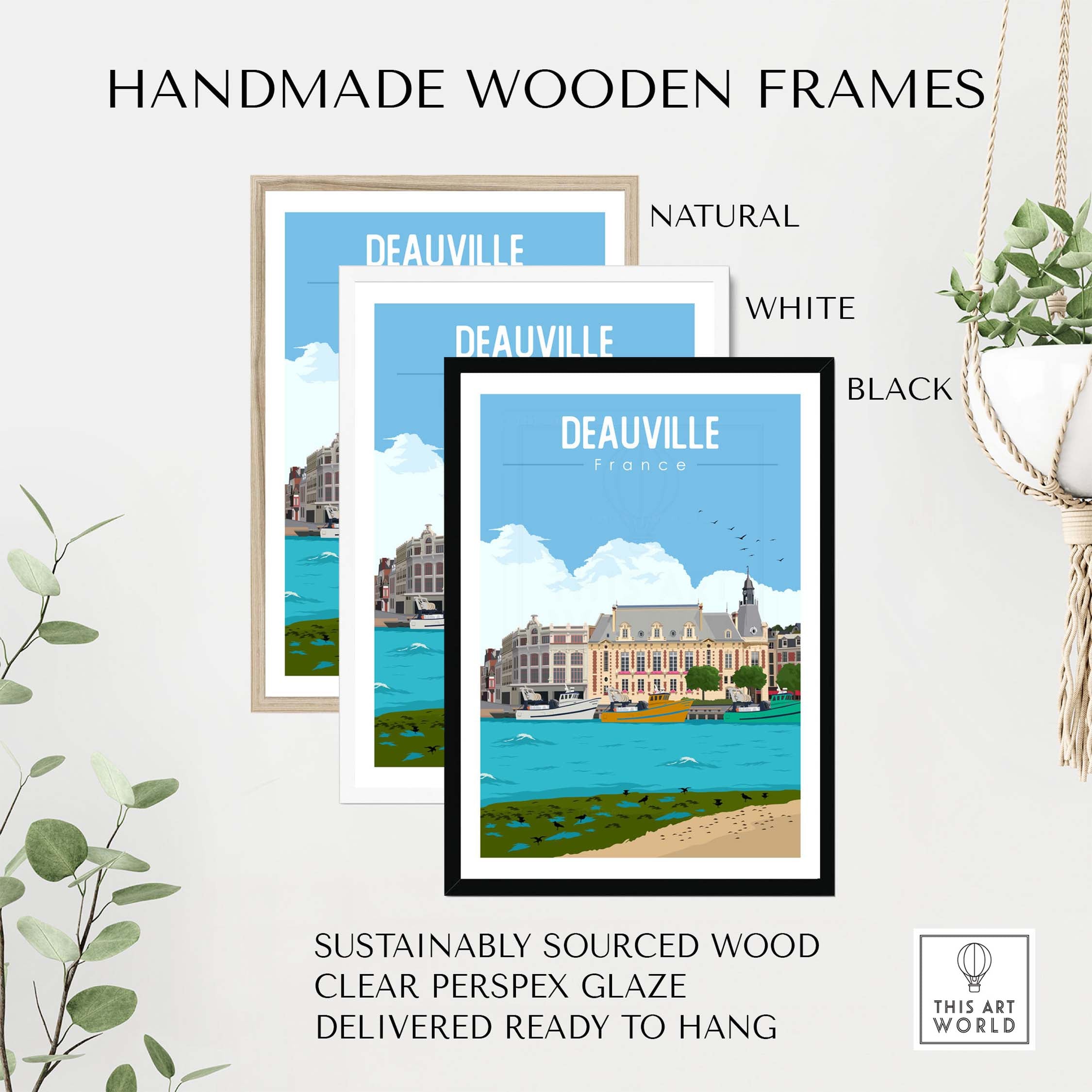 Handmade wooden frames in natural, white, and black for Deauville France poster print, sustainably sourced and ready to hang.