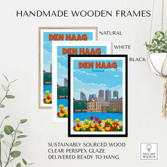 Den Haag Wall Art Print in three handmade wooden frames: natural, white, and black, showcasing sustainable design.