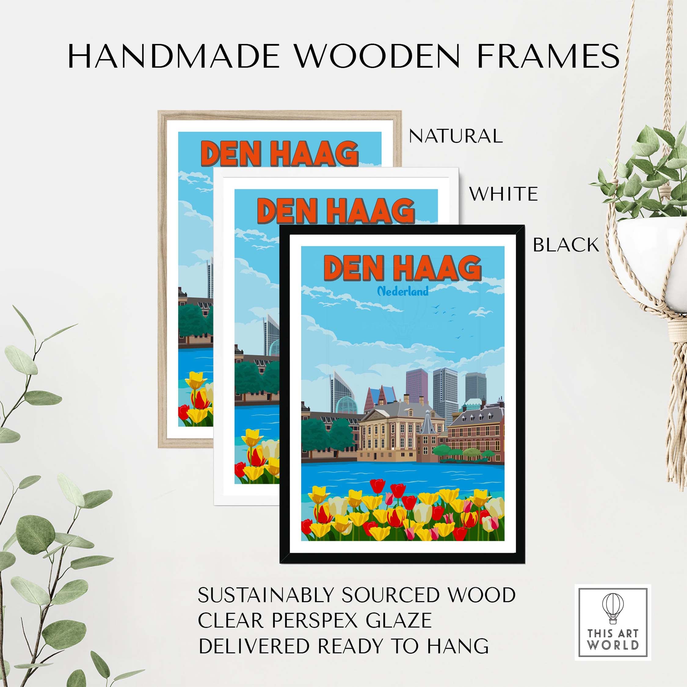 Den Haag Wall Art Print in three handmade wooden frames: natural, white, and black, showcasing sustainable design.