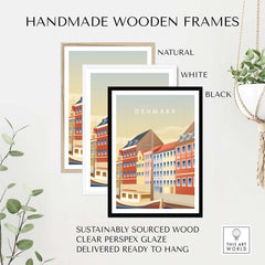 Handmade wooden frames for Denmark wall art poster in natural, white, and black finishes, sustainably sourced wood.