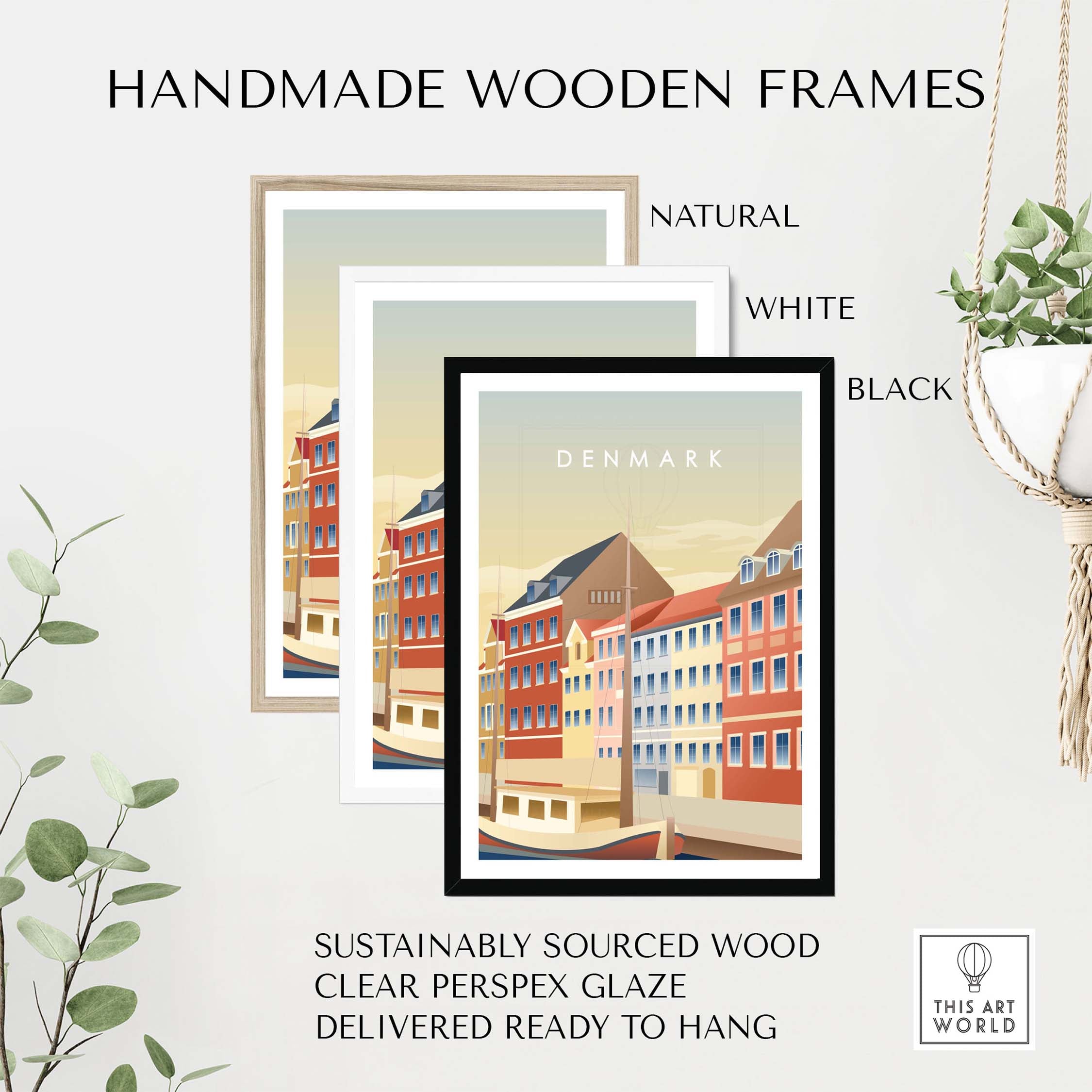 Handmade wooden frames for Denmark wall art poster in natural, white, and black finishes, sustainably sourced wood.