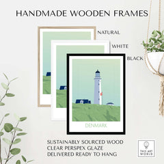 Handmade wooden frames for Denmark poster prints in natural, white, and black options with sustainable materials.