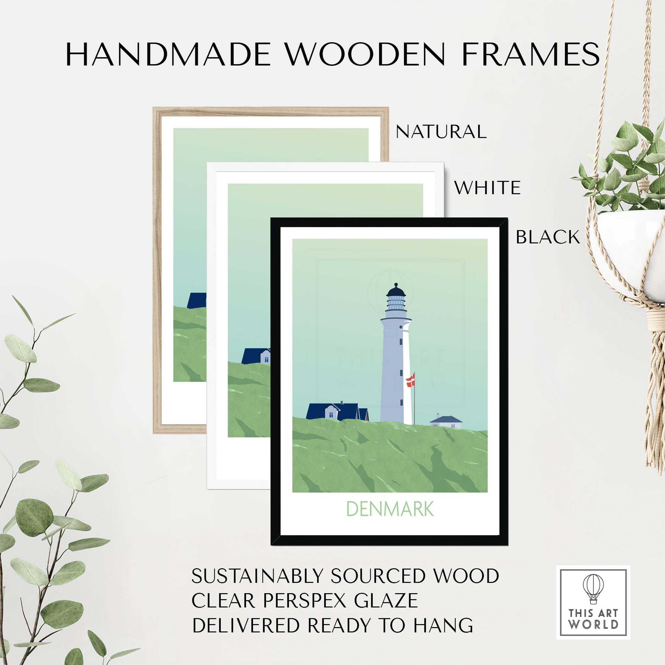Handmade wooden frames for Denmark poster prints in natural, white, and black options with sustainable materials.