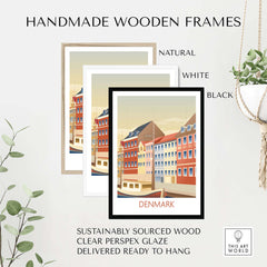 Handmade wooden frames for Denmark Poster Art Print, available in natural, white, and black finishes, sustainably sourced.