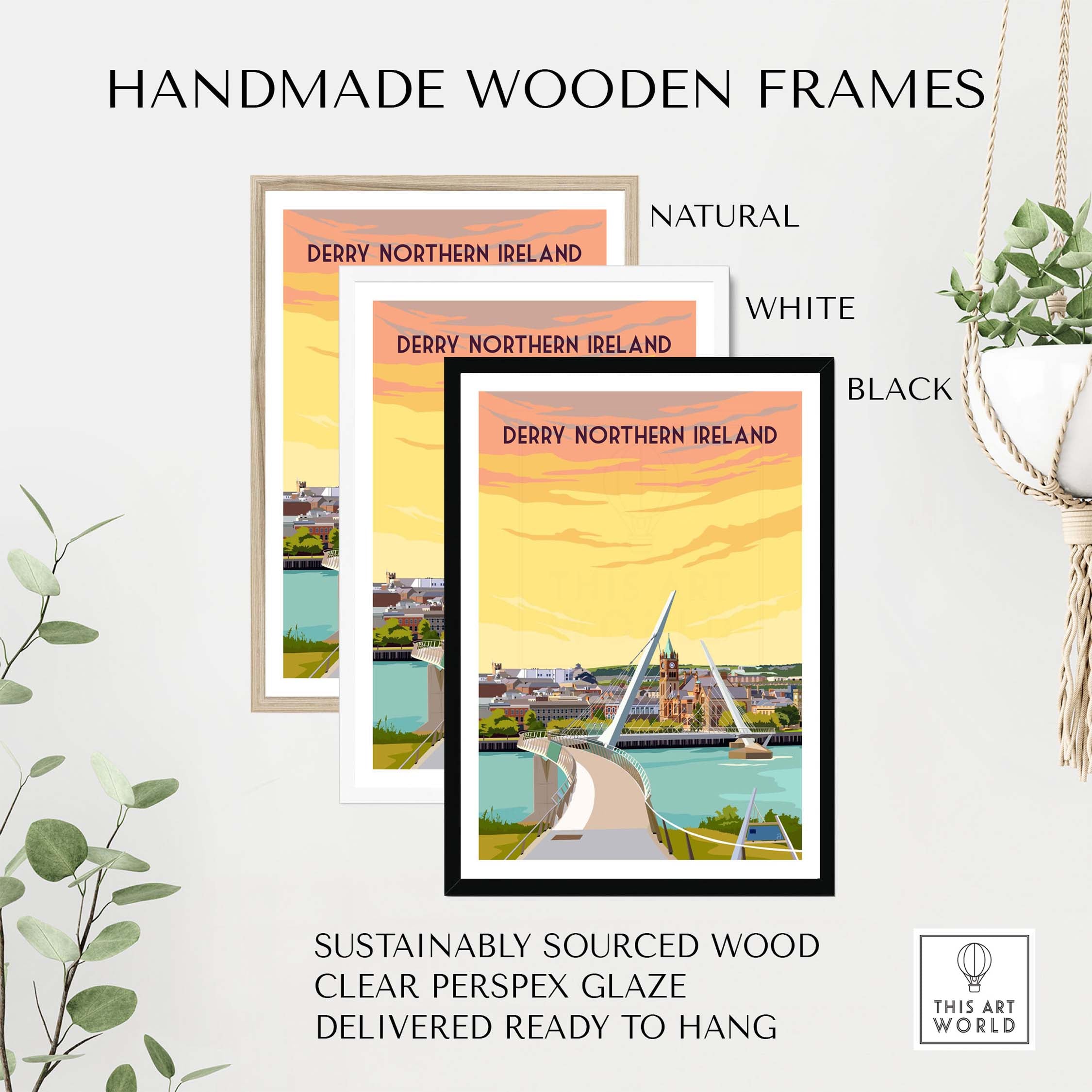 Handmade wooden frames in natural, white, and black for Derry Print Poster Wall Art.