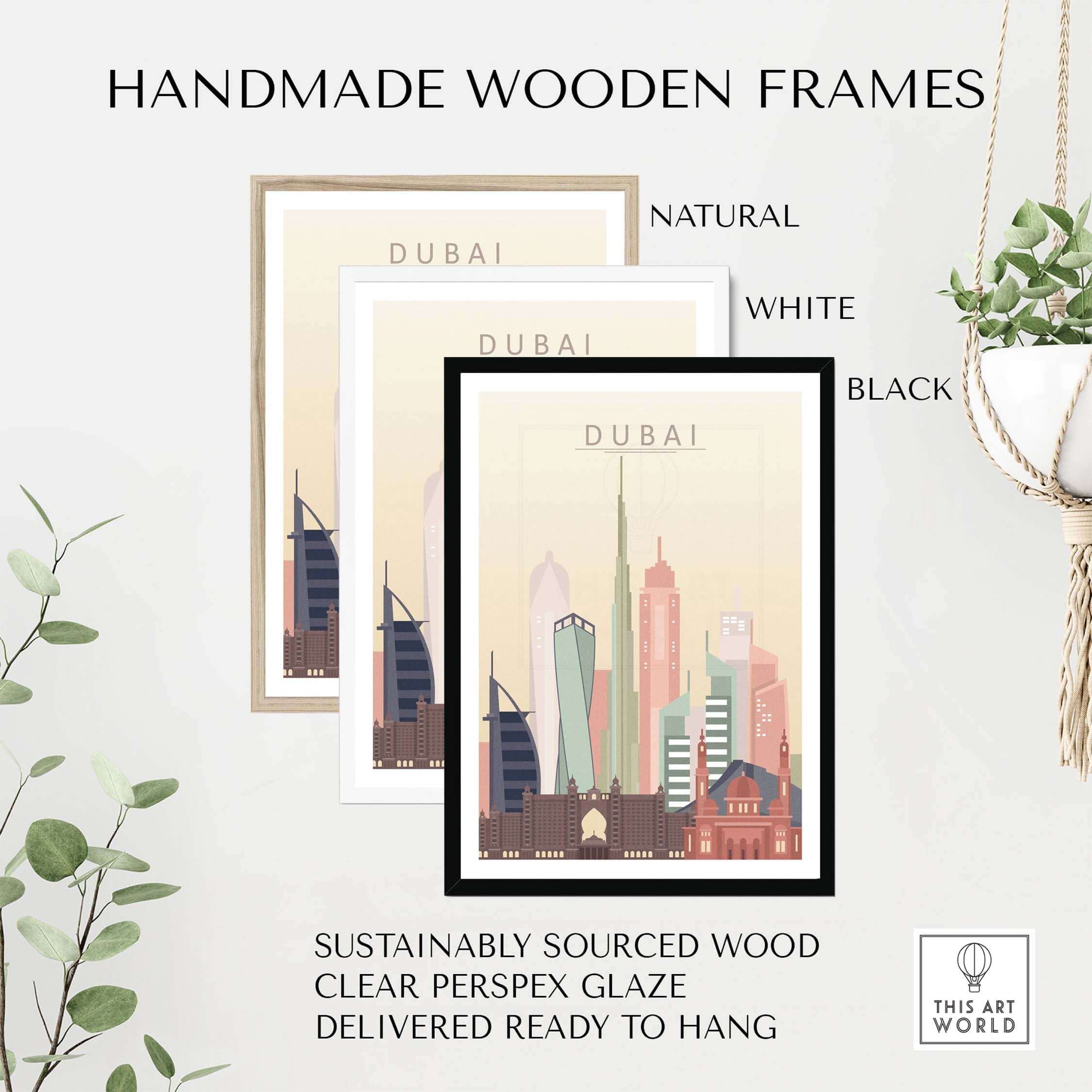 Handmade wooden frames for Dubai city skyline art in natural, white, and black finishes.